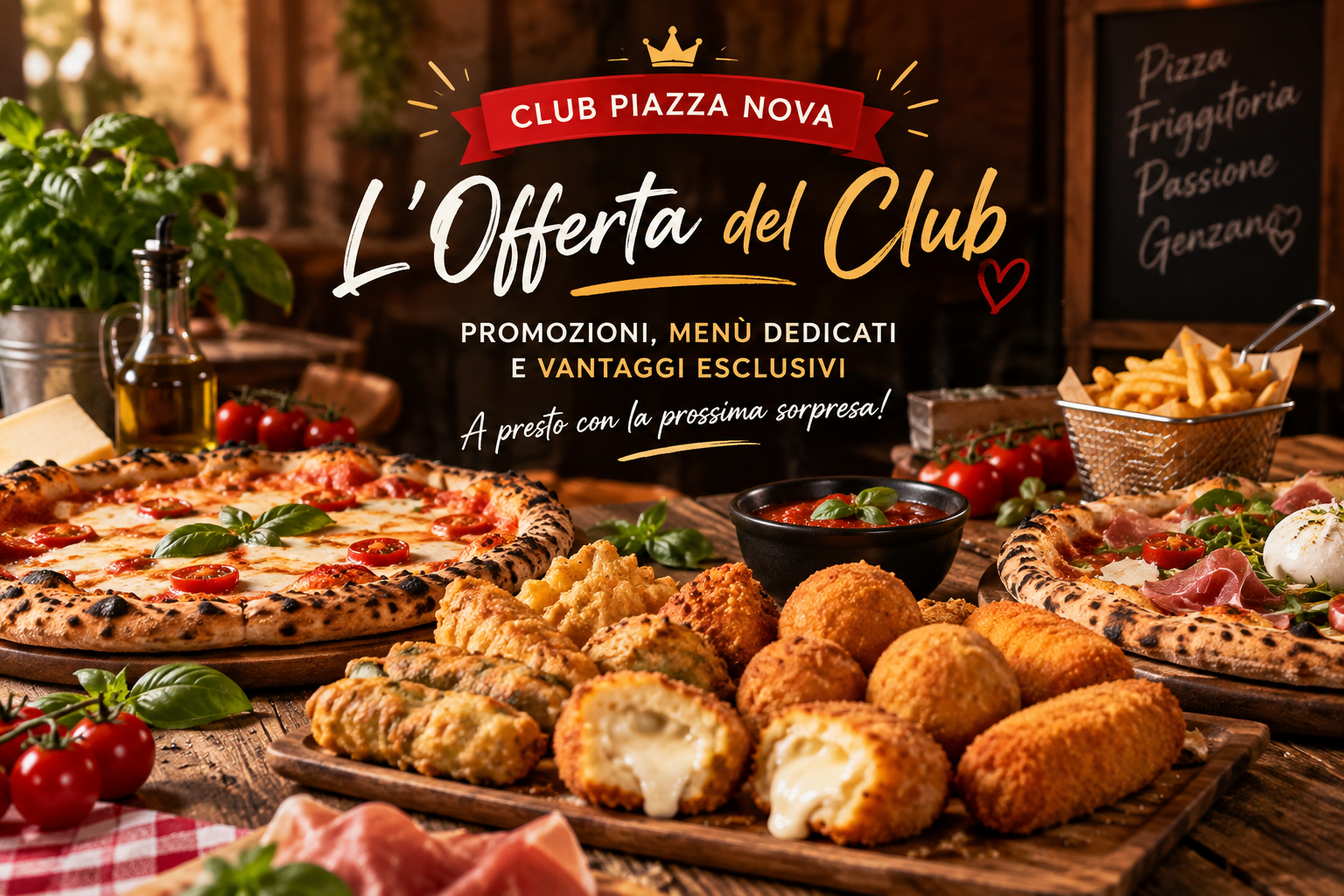 Offerta del Club Piazza Nova Pizzeria a Genzano di Roma con pizza, fritti, promozioni e menù dedicati